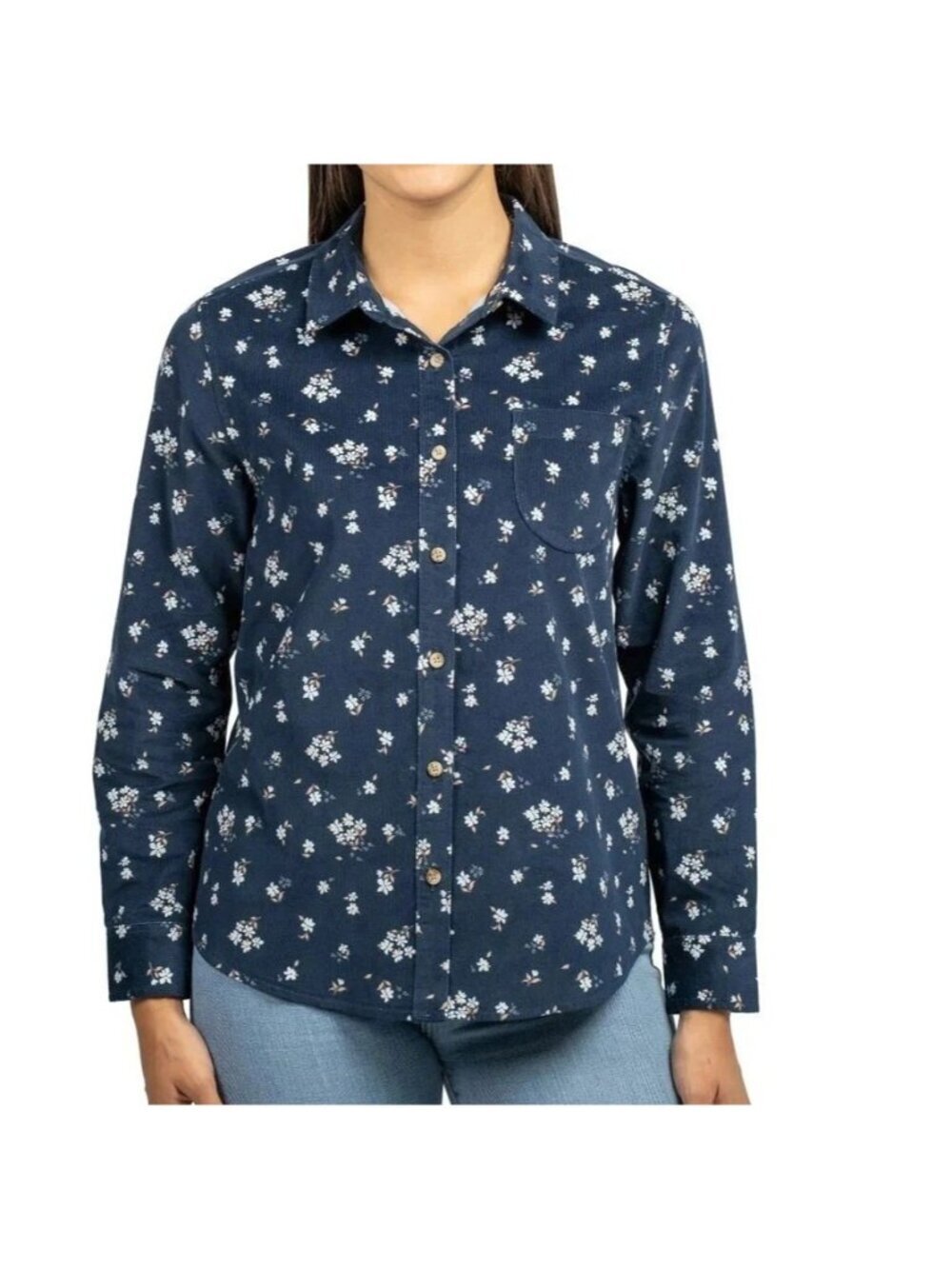 NWT Jachs Girlfriend Women's S Floral Button-Up Corduroy Shirt Navy Blue